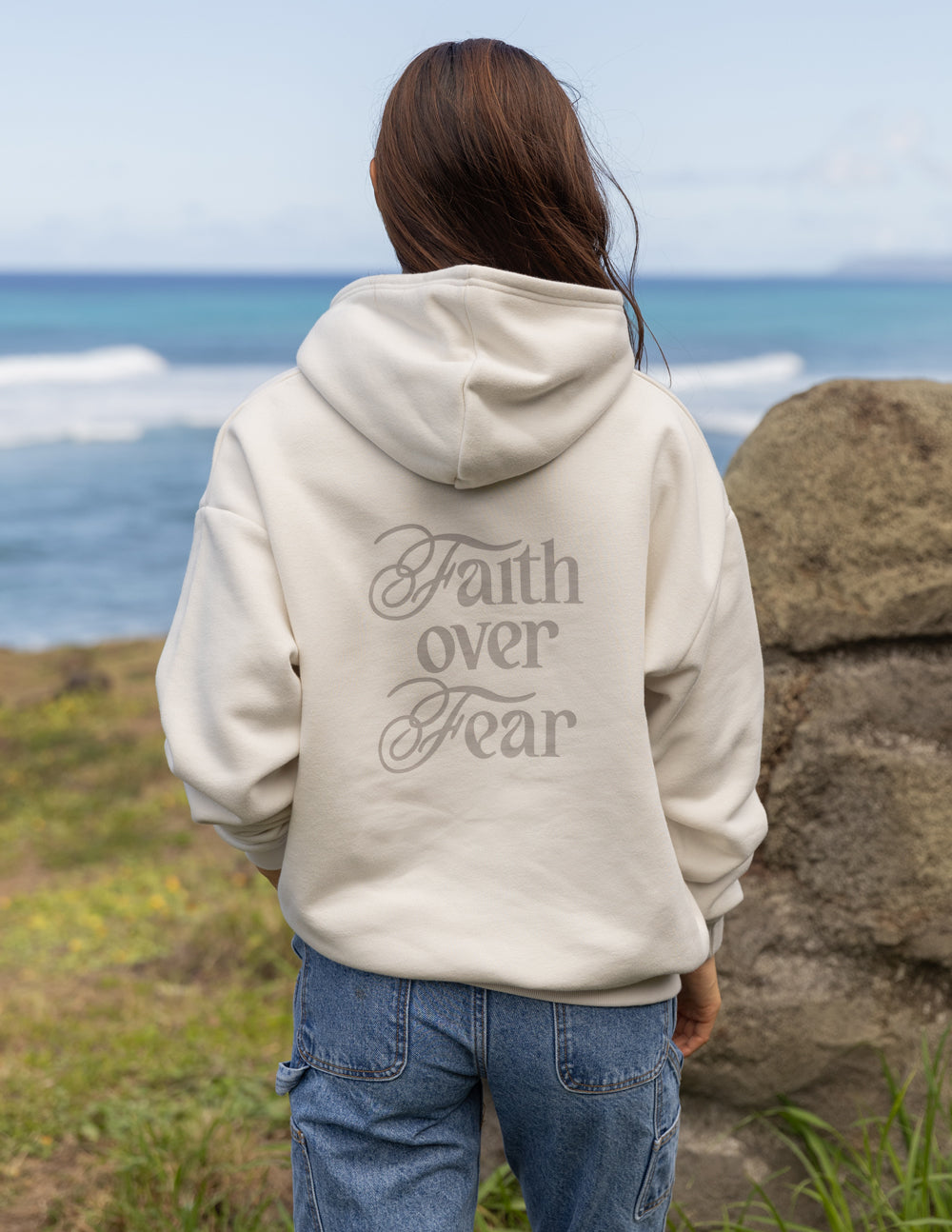 Elevated Faith Faith Over Fear Taupe Unisex Hoodie — lifestyle worn / used context