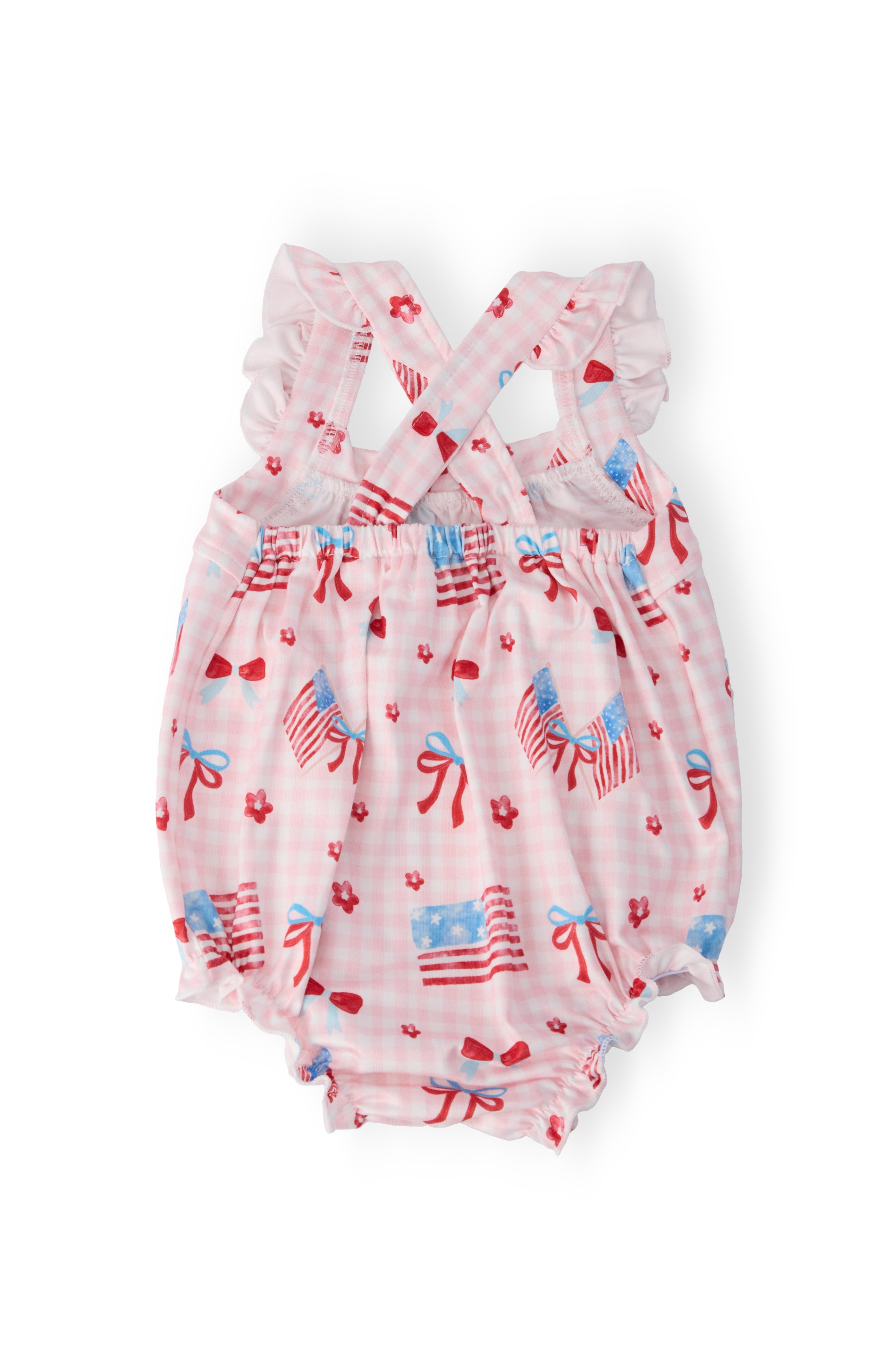 Mila & Rose ® Fancy Flags Ruffle Cross Back Romper — detail close-up