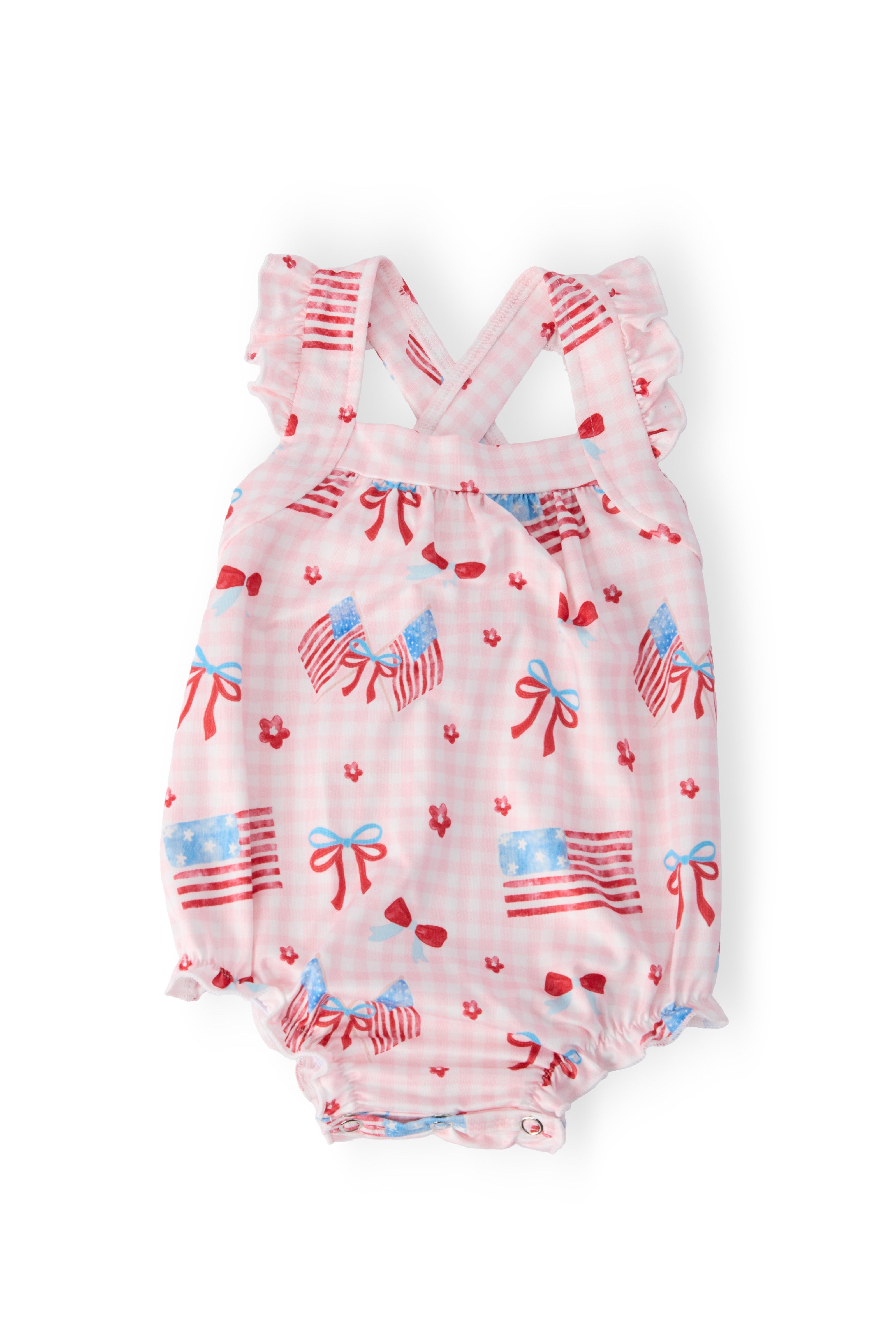 Mila & Rose ® Fancy Flags Ruffle Cross Back Romper — main product shot