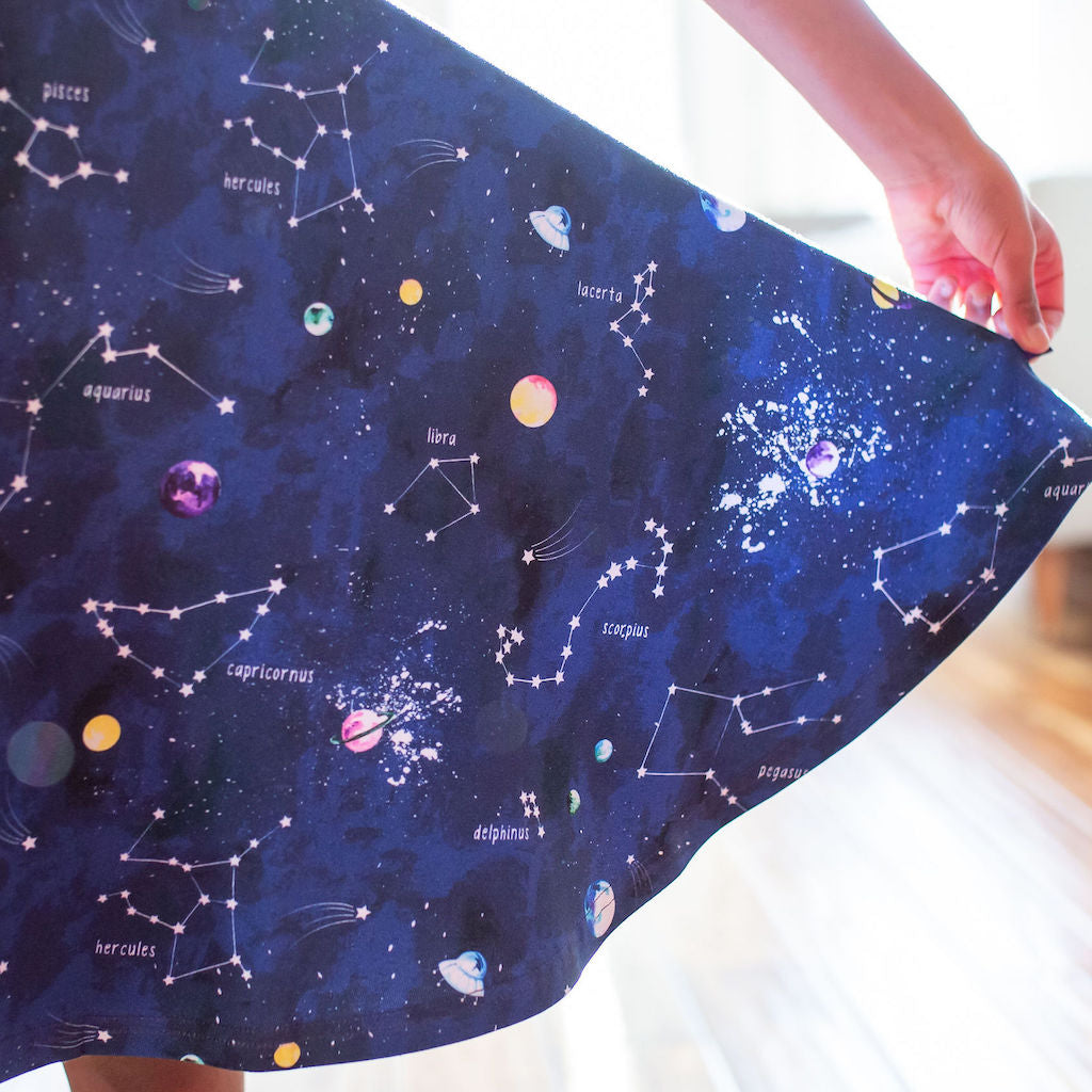 Princess Awesome & Boy Wonder "Cosmic Compass" Constellations Sleeveless Play Dress with Pockets — construction detail