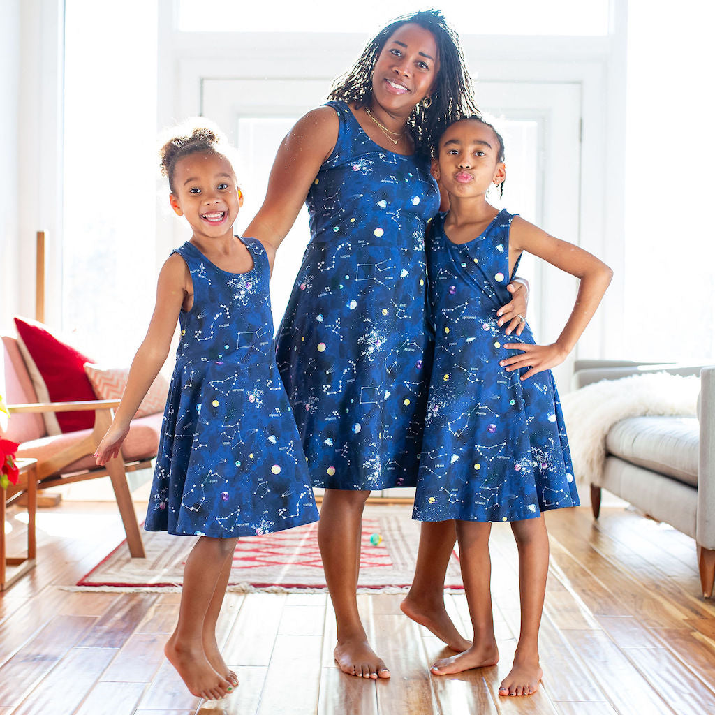 Princess Awesome & Boy Wonder Adult "Cosmic Compass" Constellations Sleeveless Dress with Pockets — lifestyle worn / used context