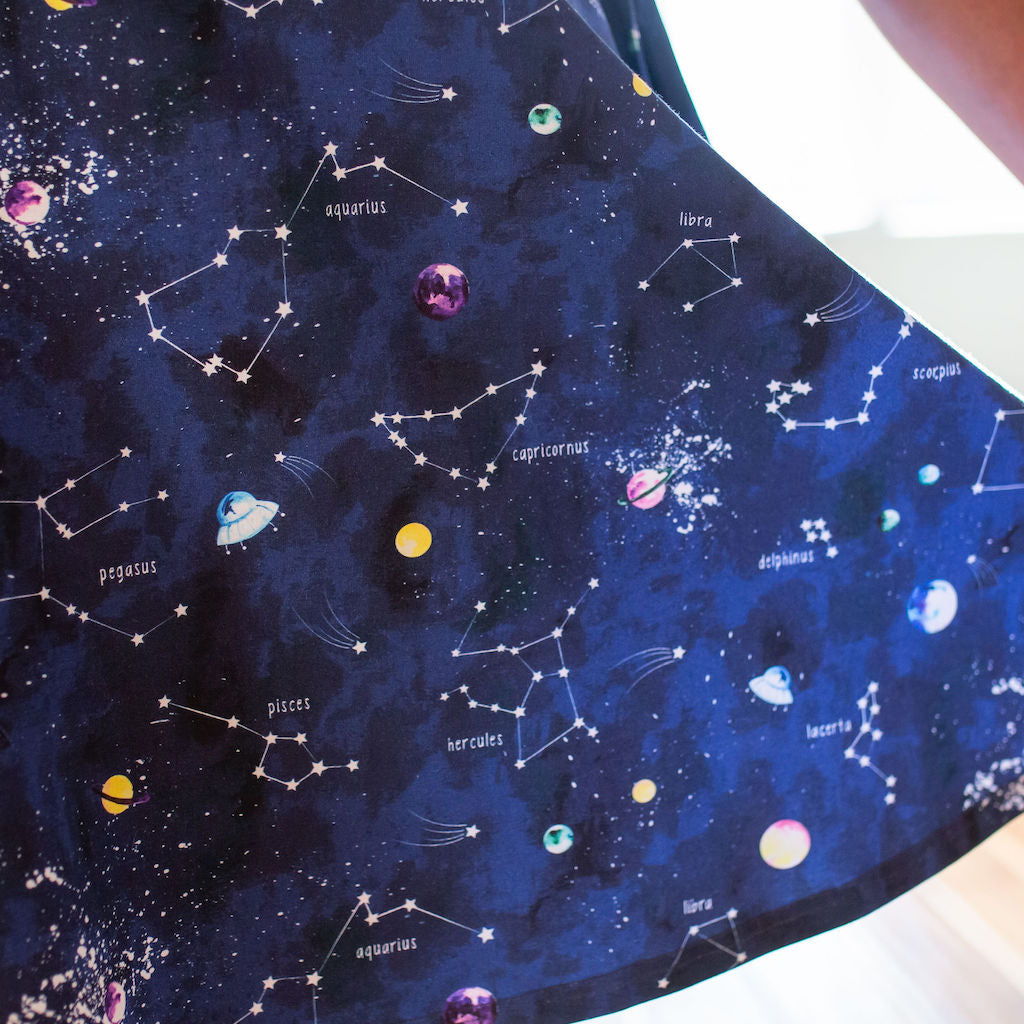 Princess Awesome & Boy Wonder Adult "Cosmic Compass" Constellations Sleeveless Dress with Pockets — construction detail