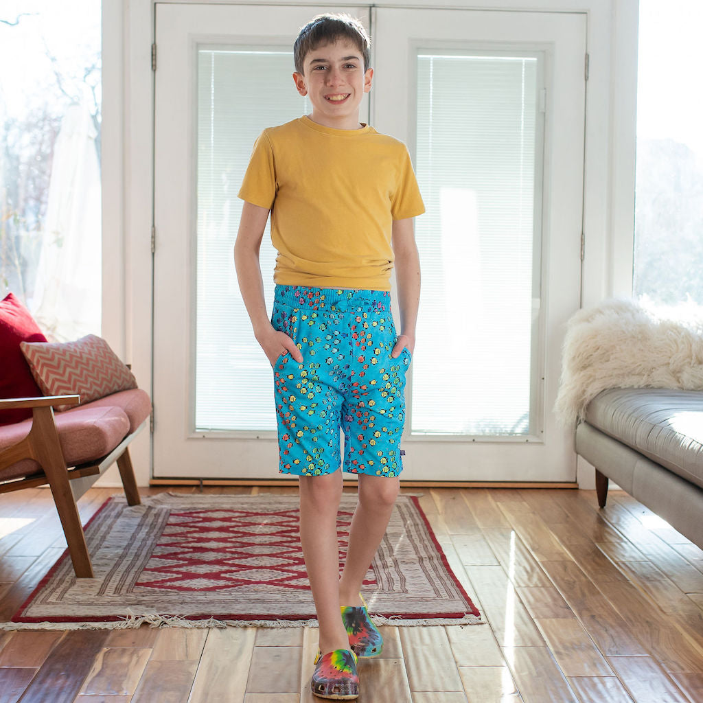 Princess Awesome & Boy Wonder "Summer School" Rainbows of Fish Drawstring Shorts with Pockets — lifestyle worn / used context