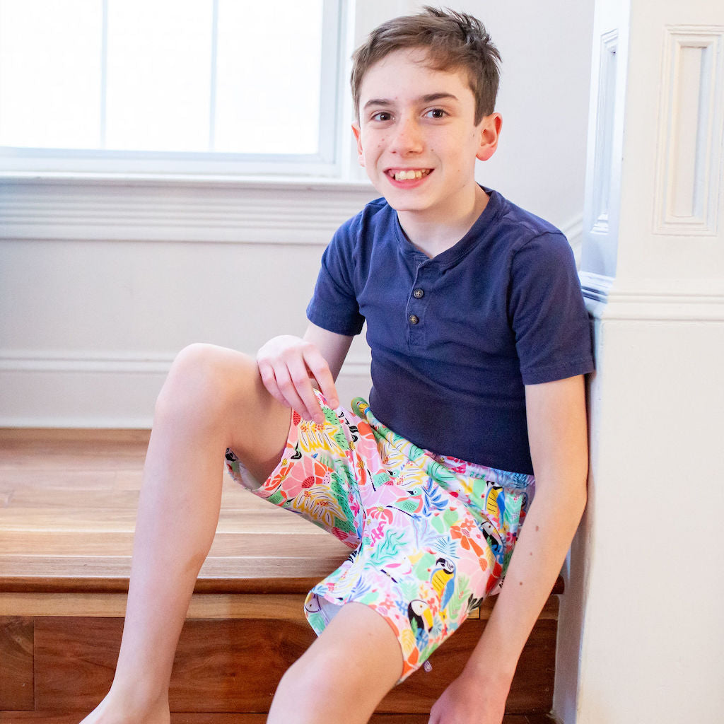Princess Awesome & Boy Wonder "Jungle Jam" Tropical Birds Drawstring Shorts with Pockets — lifestyle worn / used context