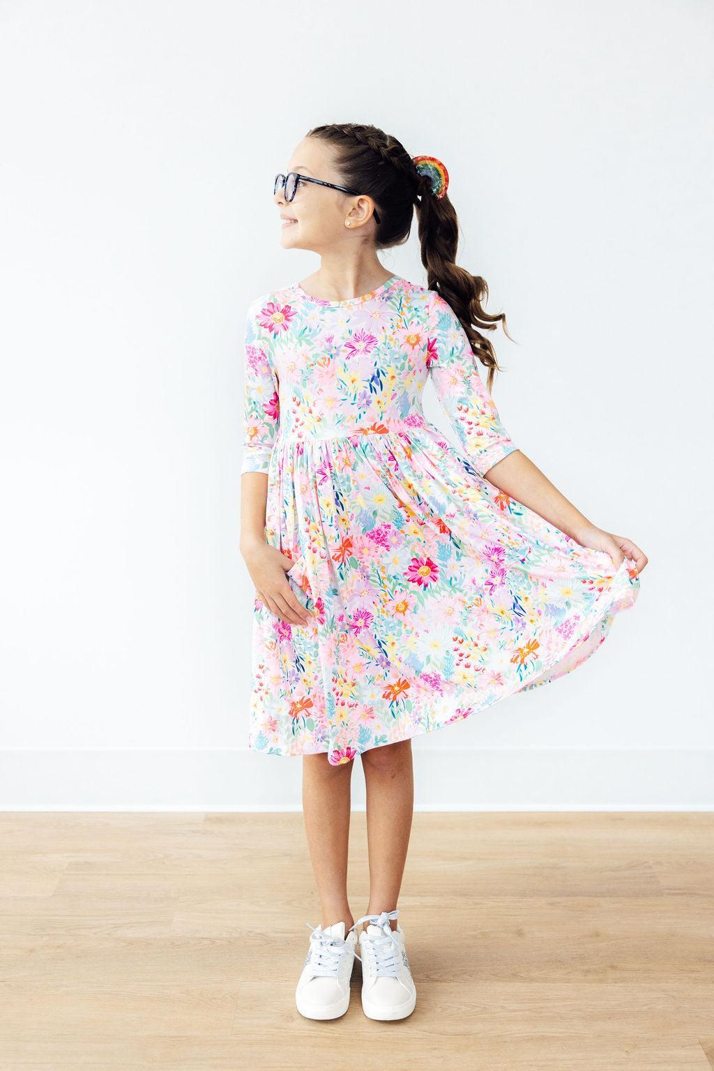 Mila & Rose ® Field of Flowers 3/4 Sleeve Pocket Twirl Dress — detail close-up