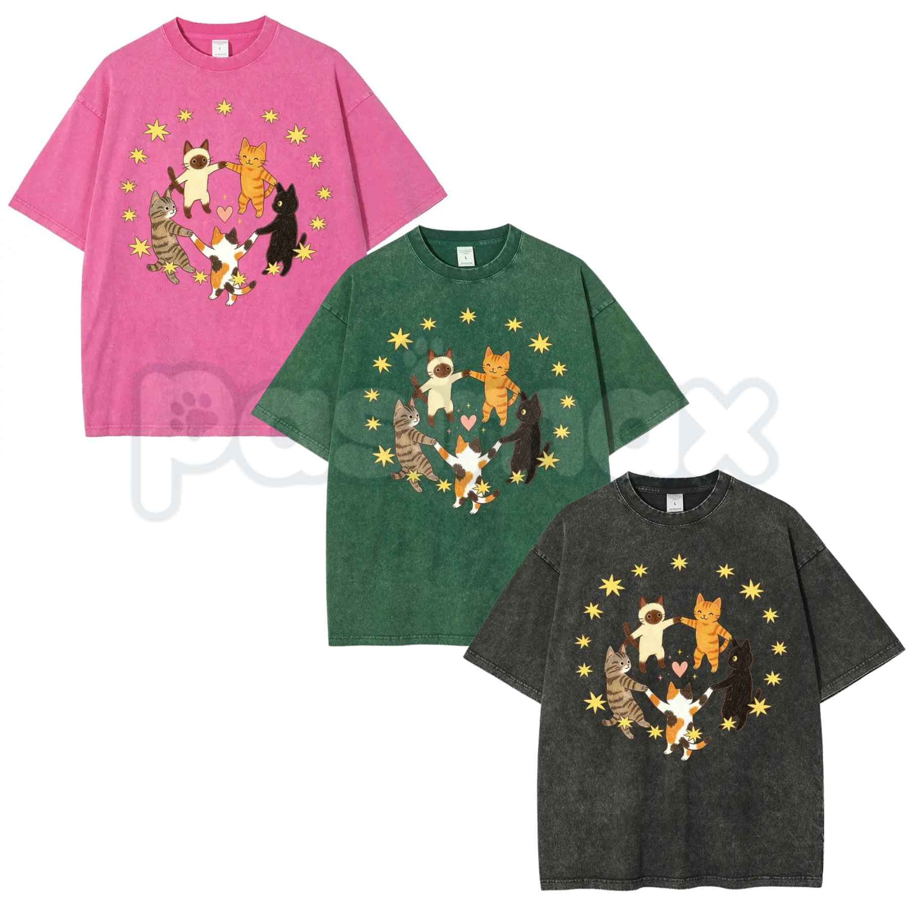 Five Holding Hands Circle Cats T-Shirt – Retro Wholesome Kitten Star Heart Graphic Tee, Vintage Washed Lightweight Cotton Unisex Top