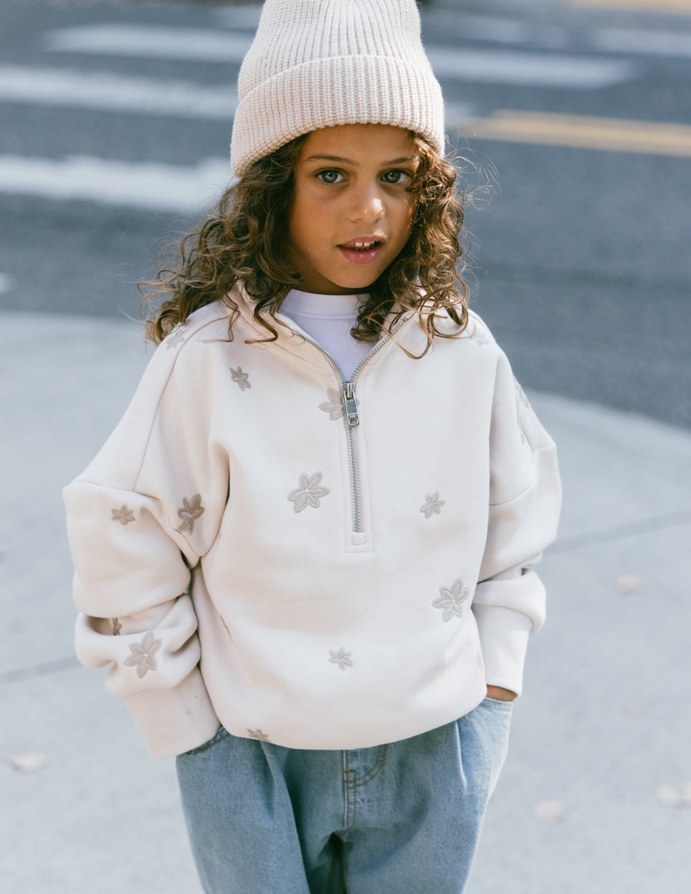 Elevated Faith Floral Kids Half-Zip — construction detail