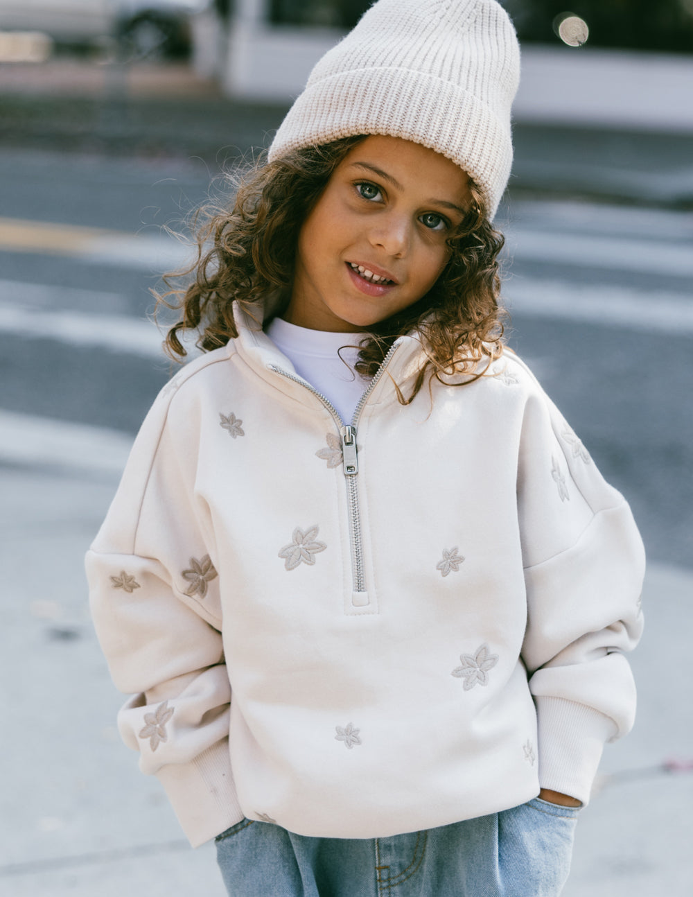 Elevated Faith Floral Kids Half-Zip — lifestyle worn / used context