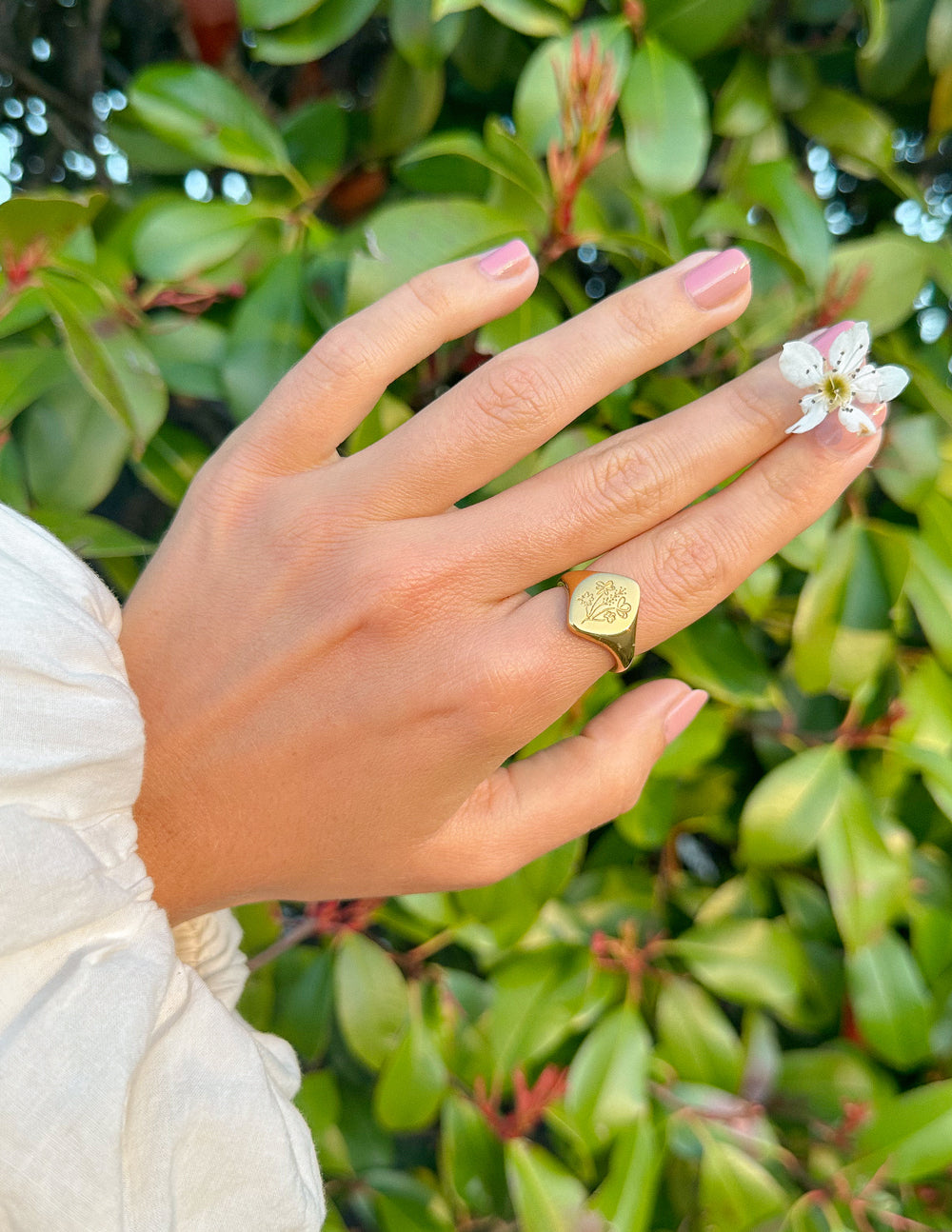 Elevated Faith Floral Signet Ring — detail close-up