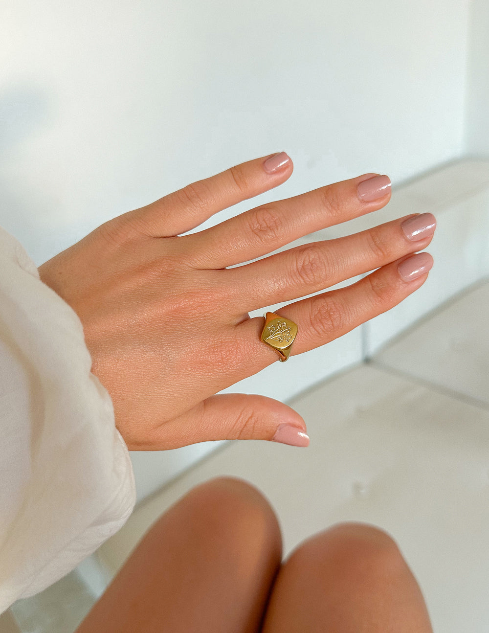 Elevated Faith Floral Signet Ring — in-use photo