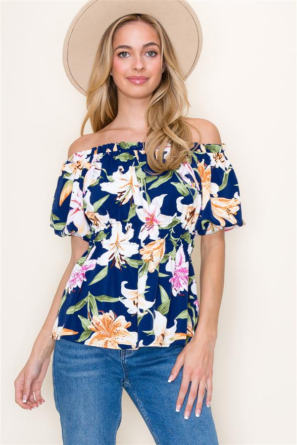 KADOU BOUTIQUE Floral Navy Off Shoulder Top — main product shot
