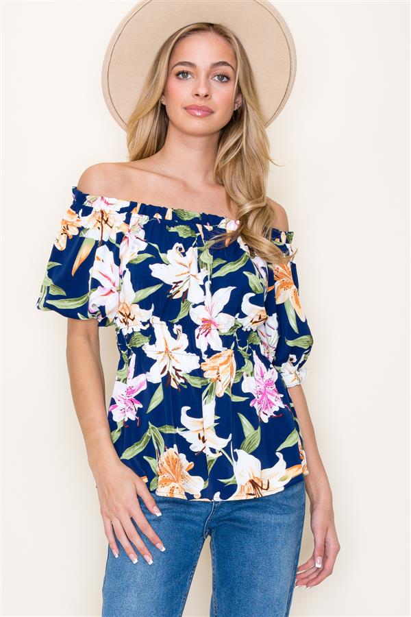 KADOU BOUTIQUE Floral Navy Off Shoulder Top — side view