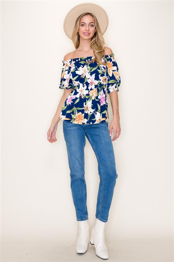 KADOU BOUTIQUE Floral Navy Off Shoulder Top — back view