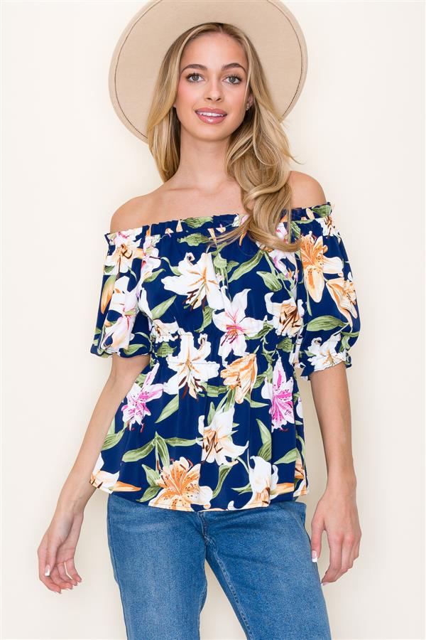 KADOU BOUTIQUE Floral Navy Off Shoulder Top — alternative angle