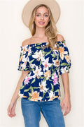 KADOU BOUTIQUE Floral Navy Off Shoulder Top — alternative angle