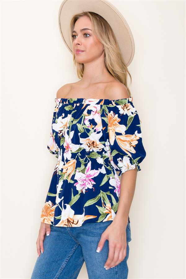 KADOU BOUTIQUE Floral Navy Off Shoulder Top — detail close-up