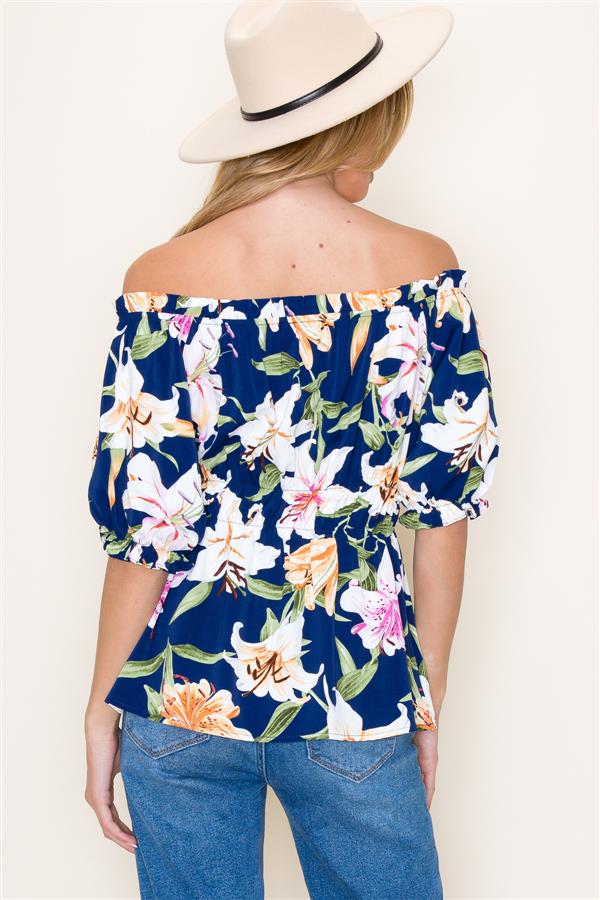 KADOU BOUTIQUE Floral Navy Off Shoulder Top — lifestyle context