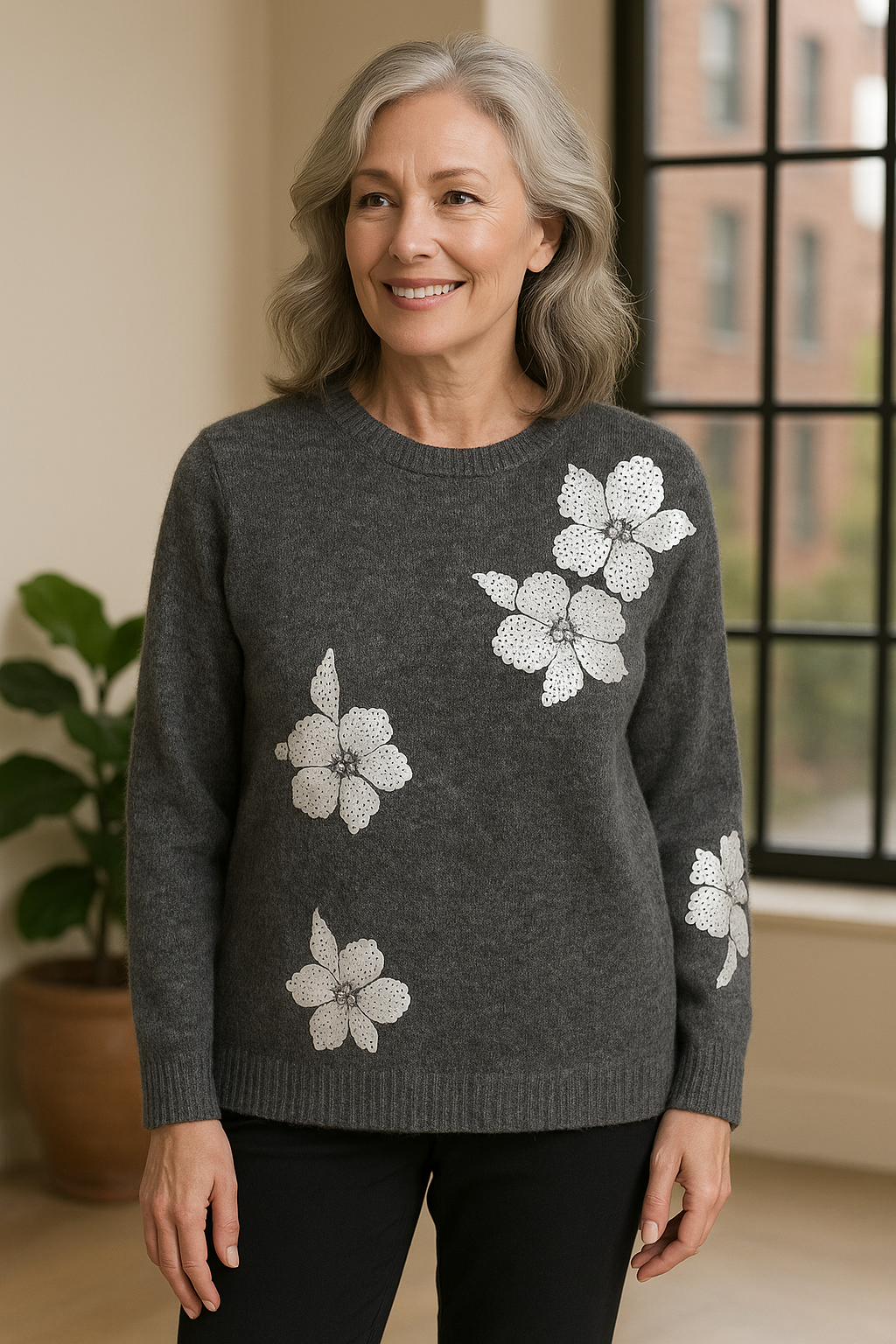 KADOU BOUTIQUE Floral Sequin Embroidered Top by Picadilly — detail close-up