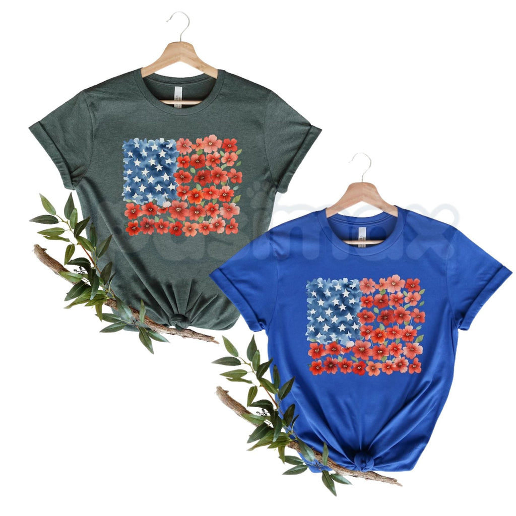 Floral American Flag T-Shirt – Patriotic Red Poppy Flower Independence Day Tee for Women