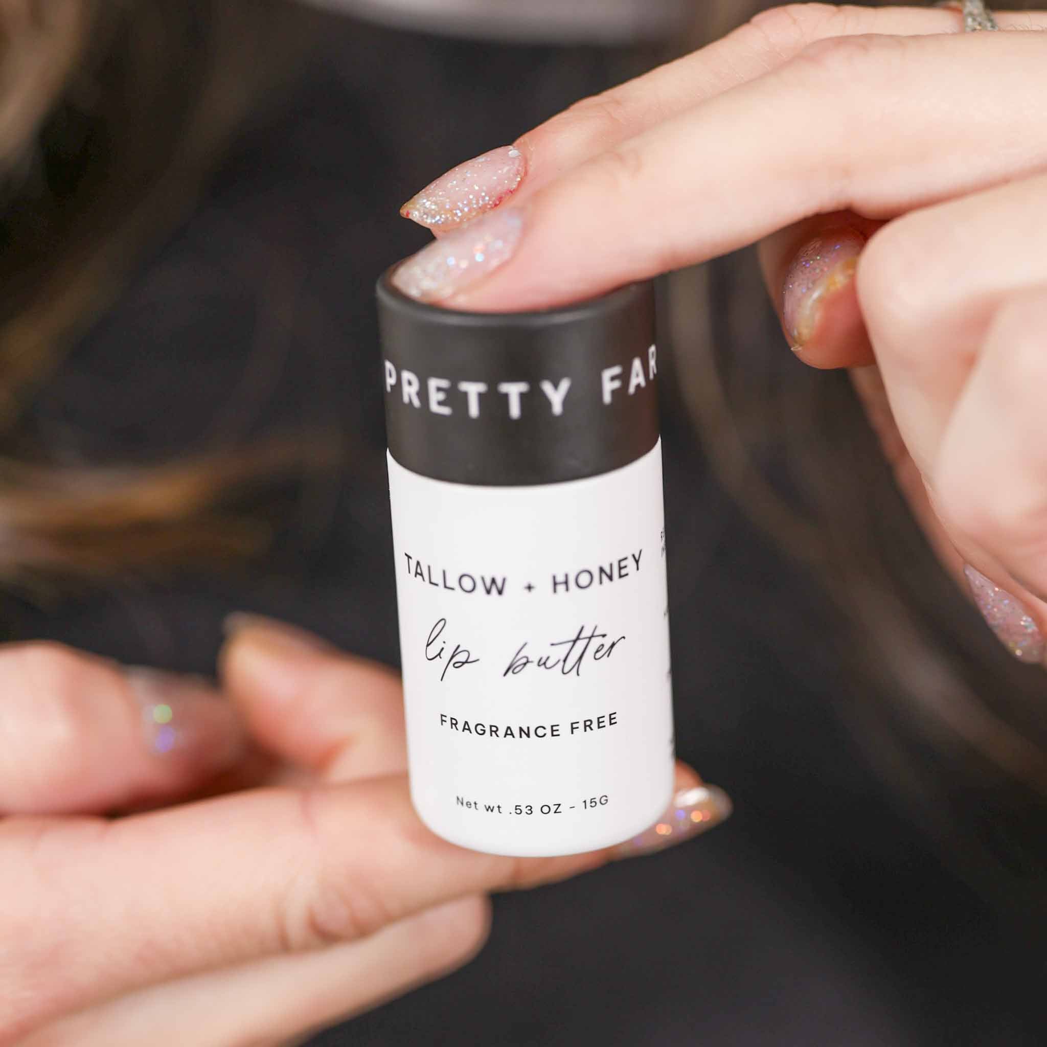 Pretty farm girl Fragrance Free Tallow + Honey Lip Butter in Eco-Friendly Travel Tubes — detail close-up
