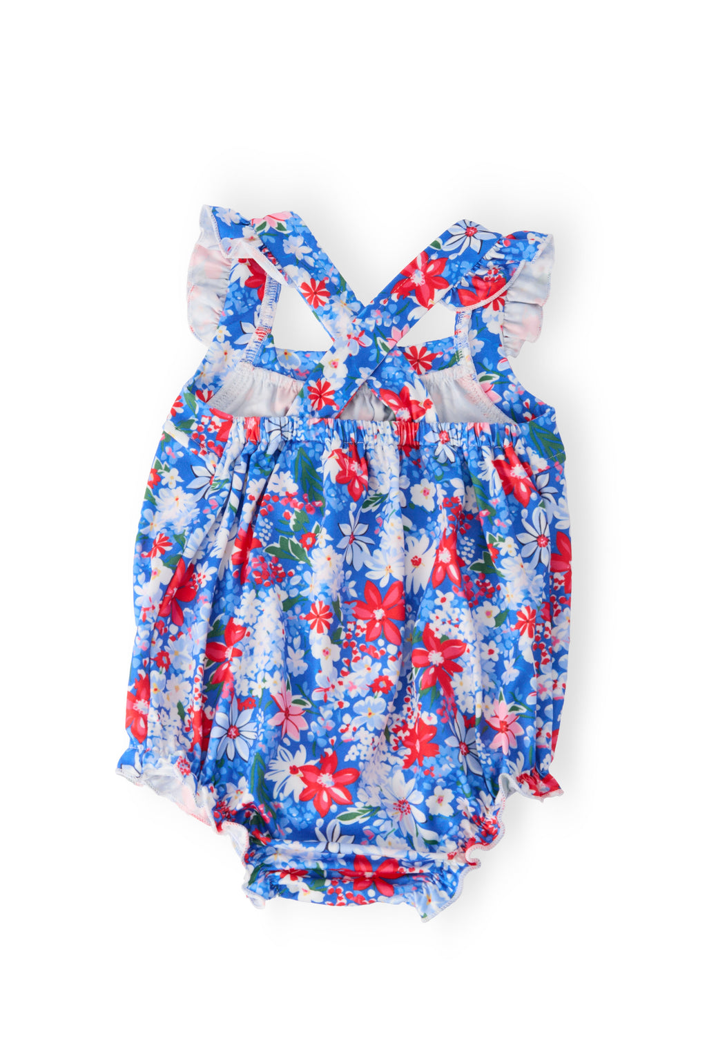 Mila & Rose ® Freedom Flowers Ruffle Cross Back Romper — detail close-up