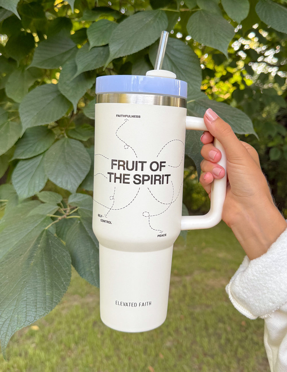 Elevated Faith Fruit of the Spirit 40 oz Tumbler — Elevated Faith branding close-up