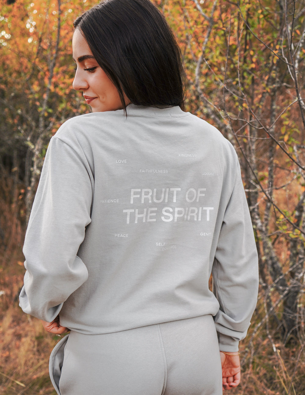 Elevated Faith Fruit of the Spirit Grey LS Unisex Tee — detail close-up