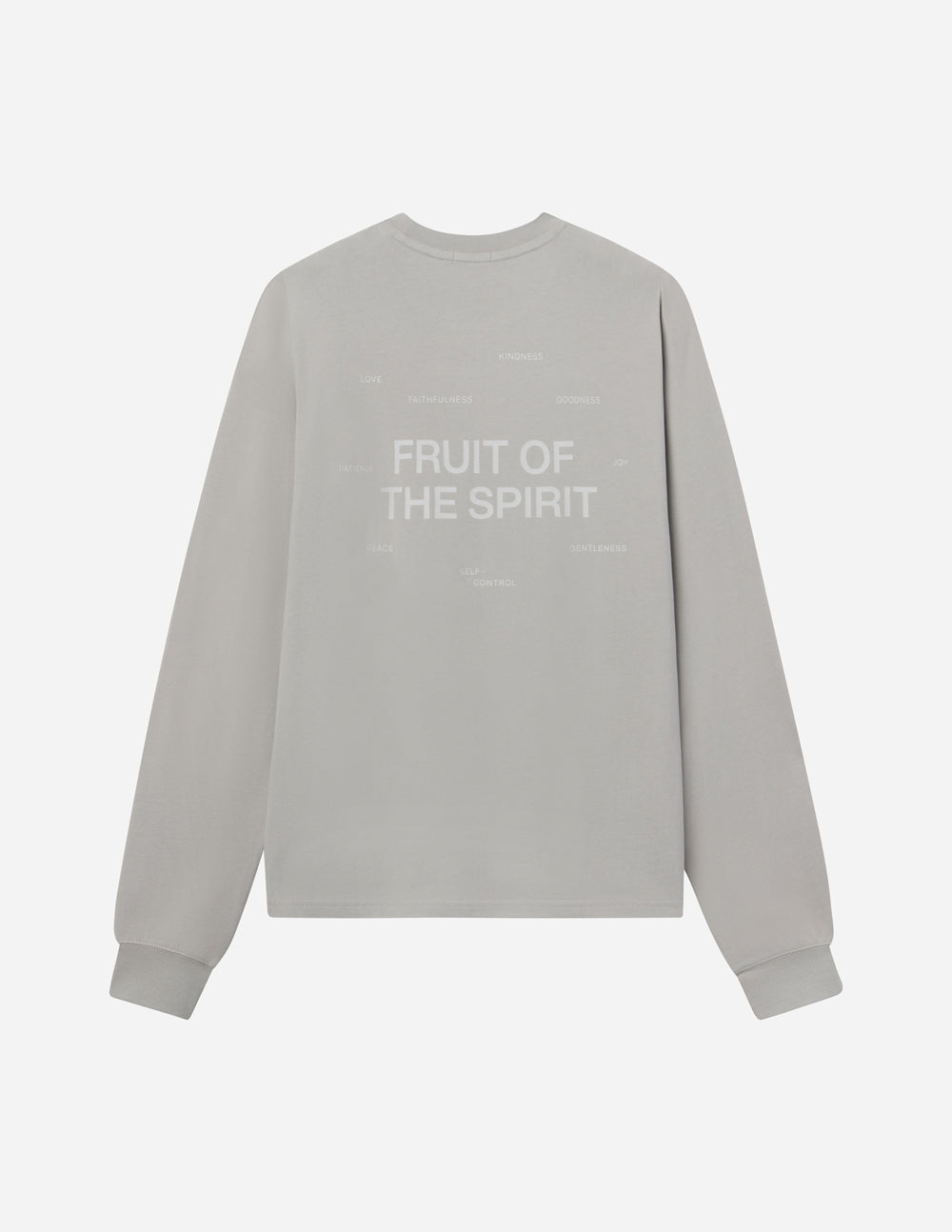 Elevated Faith Fruit of the Spirit Grey LS Unisex Tee — fabric or material detail