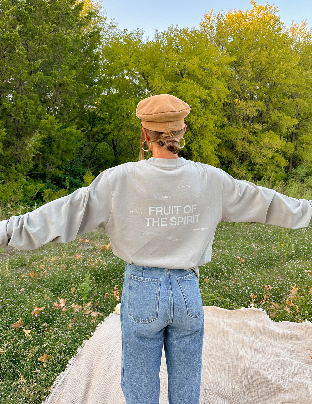 Elevated Faith Fruit of the Spirit Grey LS Unisex Tee — in-use photo
