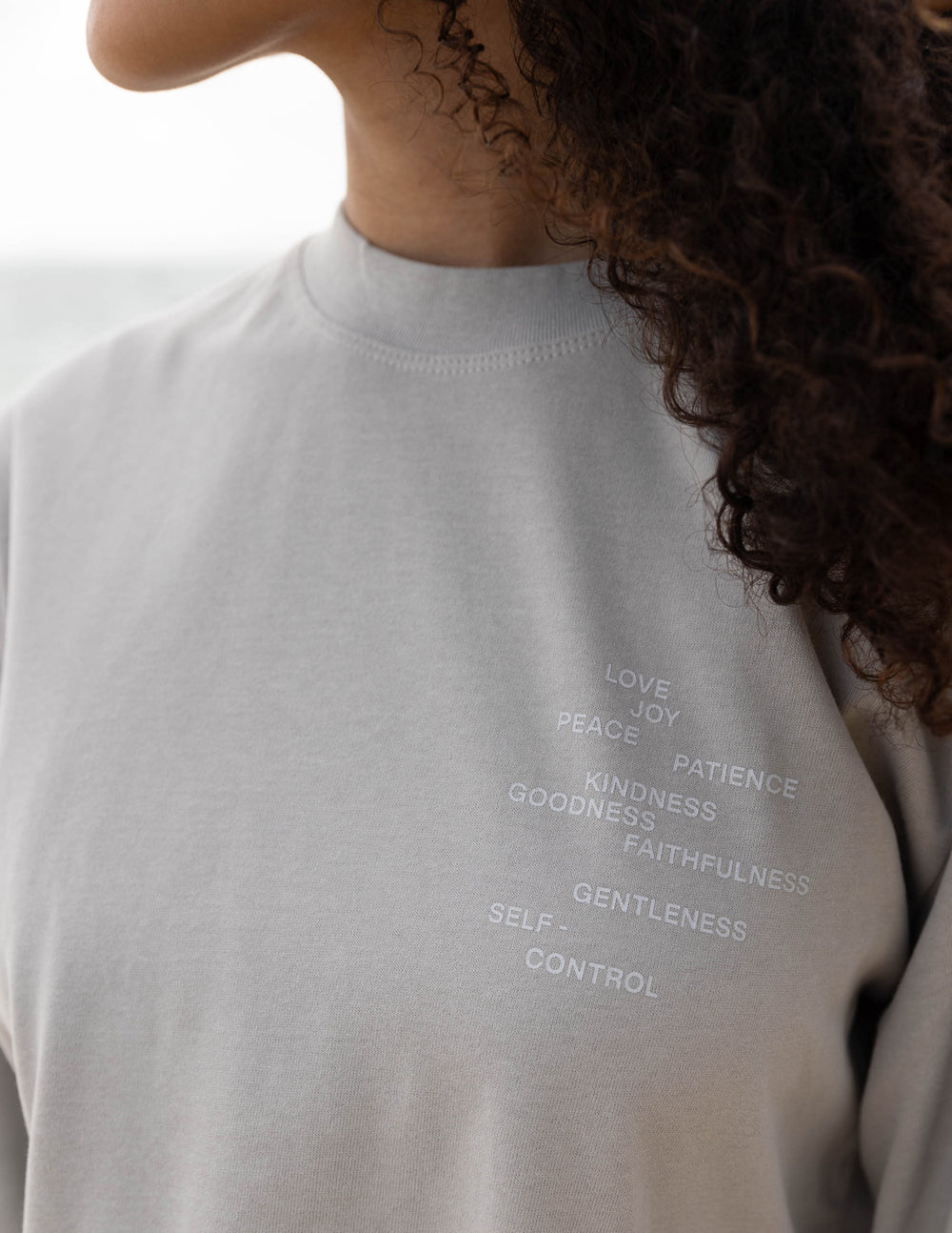 Elevated Faith Fruit of the Spirit Grey LS Unisex Tee — size reference