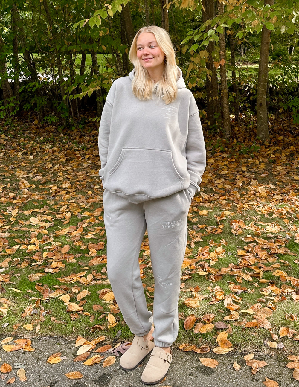 Elevated Faith Fruit of the Spirit Grey Unisex Sweatpant — Elevated Faith branding close-up