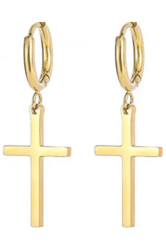Pretty Little Patriot Pretty Little Patriot Dangle cross gold earrings — Pretty Little Patriot branding close-up