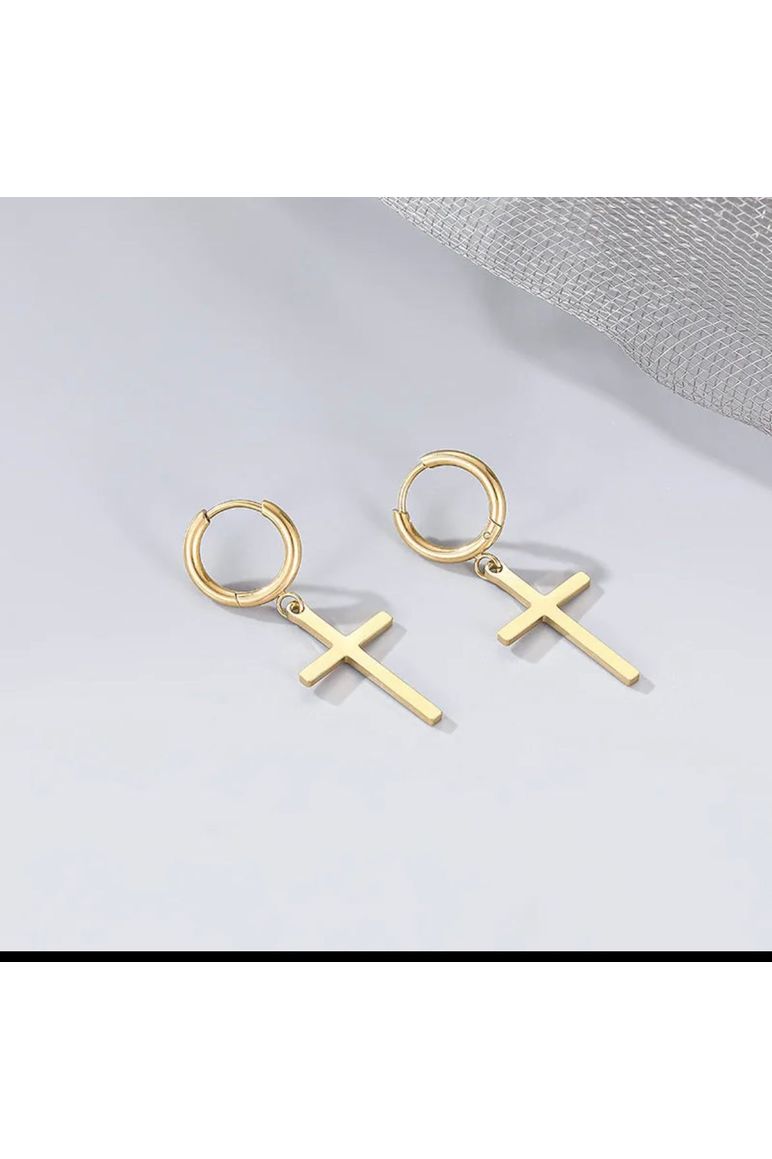 Pretty Little Patriot Pretty Little Patriot Dangle cross gold earrings — lifestyle worn / used context
