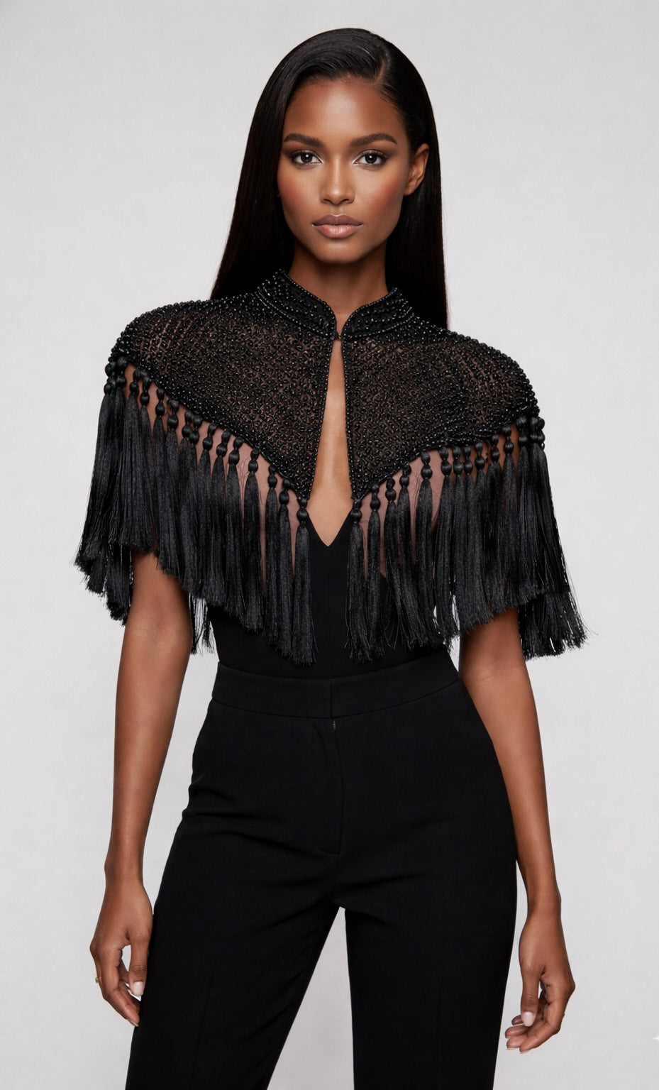 L'Jai Amor Black Tassel Cape — main product shot