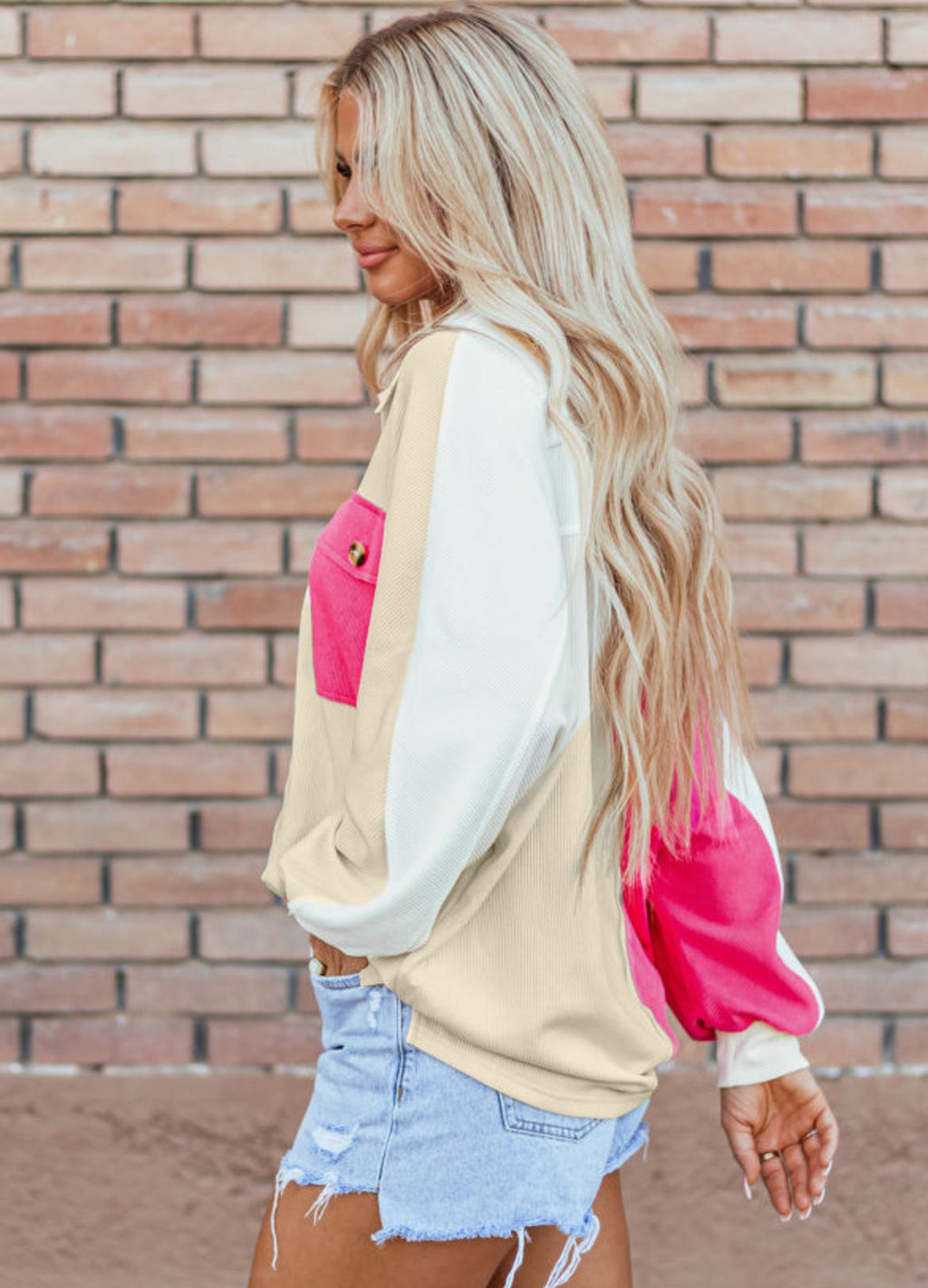 Pretty Little Patriot Pretty Little Patriot Rose Color Block Oversized Top — Pretty Little Patriot branding close-up