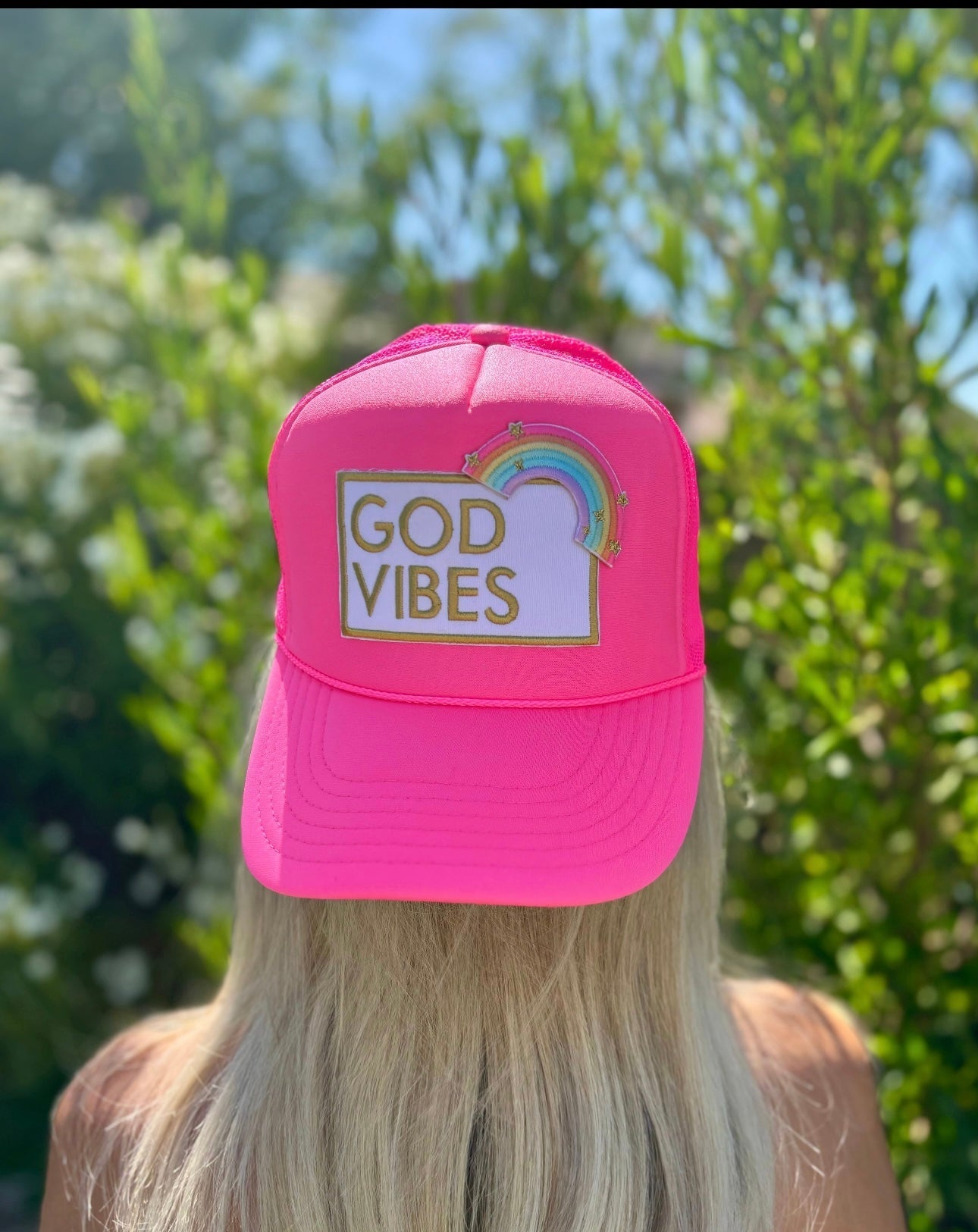 Pretty Little Patriot Pretty Little Patriot God Vibes Trucker Hat — lifestyle worn / used context