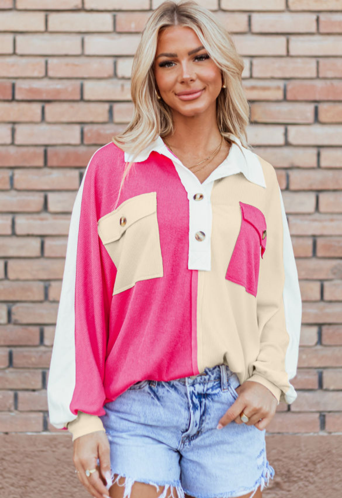 Pretty Little Patriot Pretty Little Patriot Rose Color Block Oversized Top — lifestyle worn / used context
