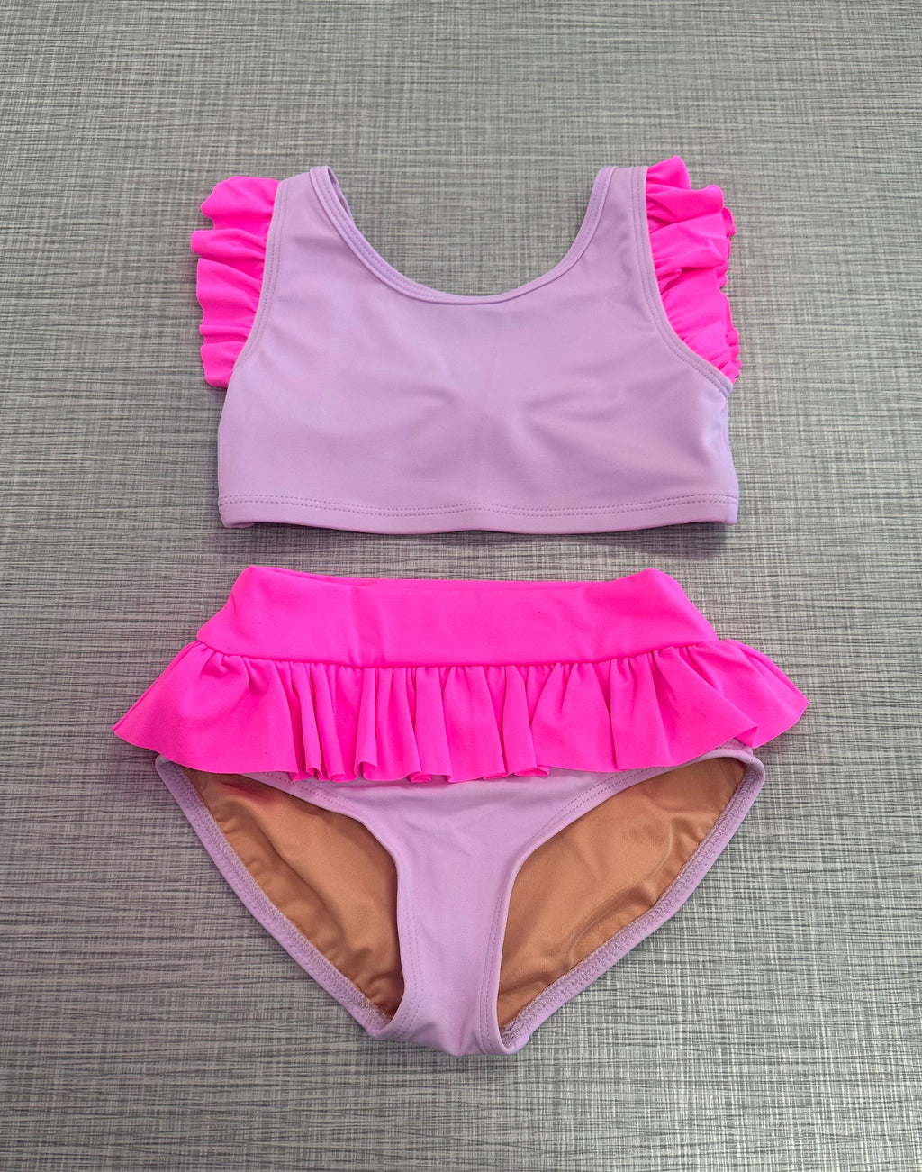 Tightspot Dancewear Center Custom Limited Edition Lilac & Neon Pink Ruffle Set — detail close-up