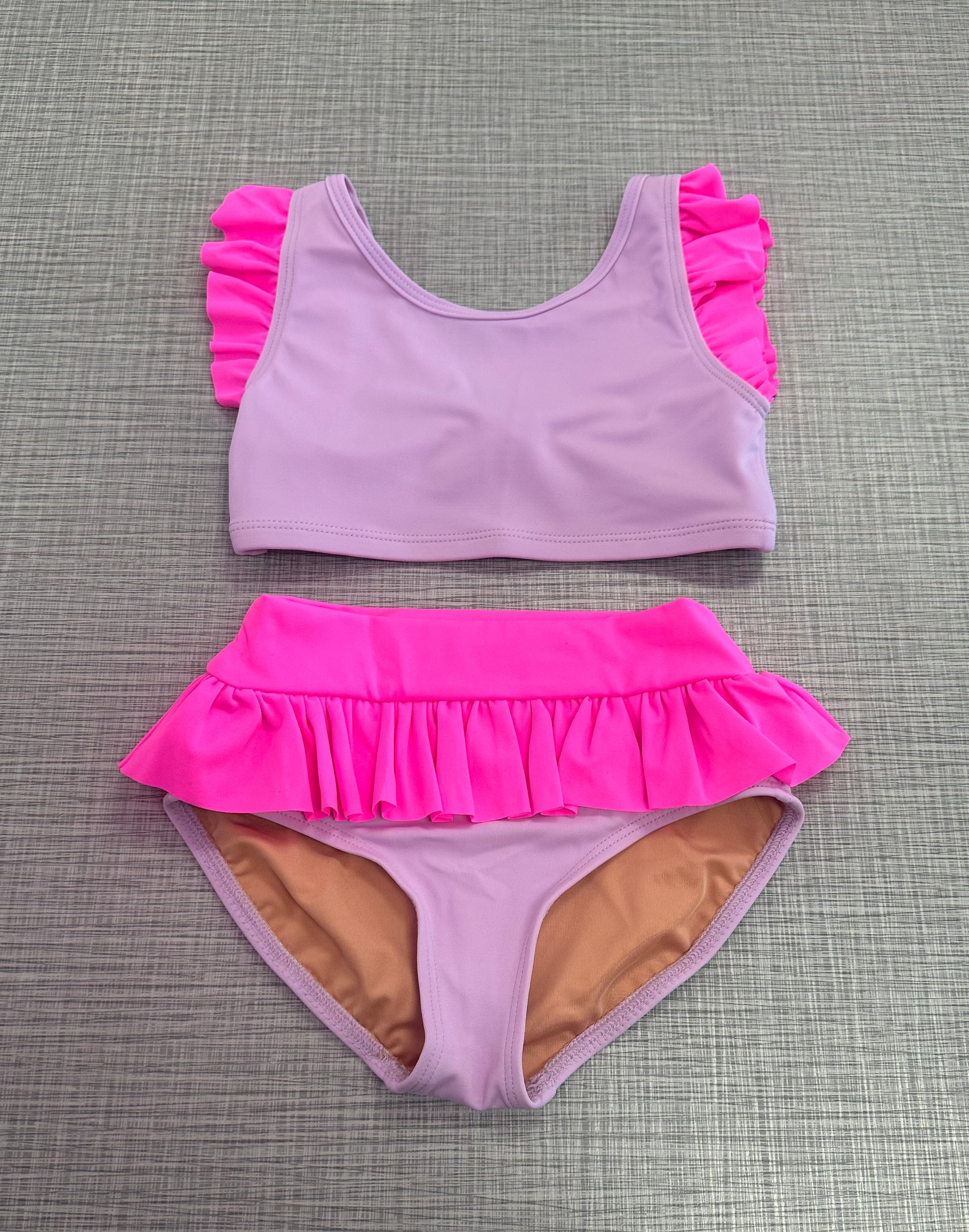 Tightspot Dancewear Center Custom Limited Edition Lilac & Neon Pink Ruffle Set — detail close-up