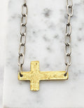 Pretty Little Patriot Pretty Little Patriot Paper Clip Chain Cross Necklace — Pretty Little Patriot branding close-up