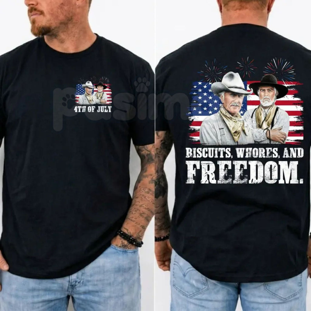 Funny "Biscuits and Whores" Western T-Shirt – Sarcastic 4th of July Movie Graphic Tee