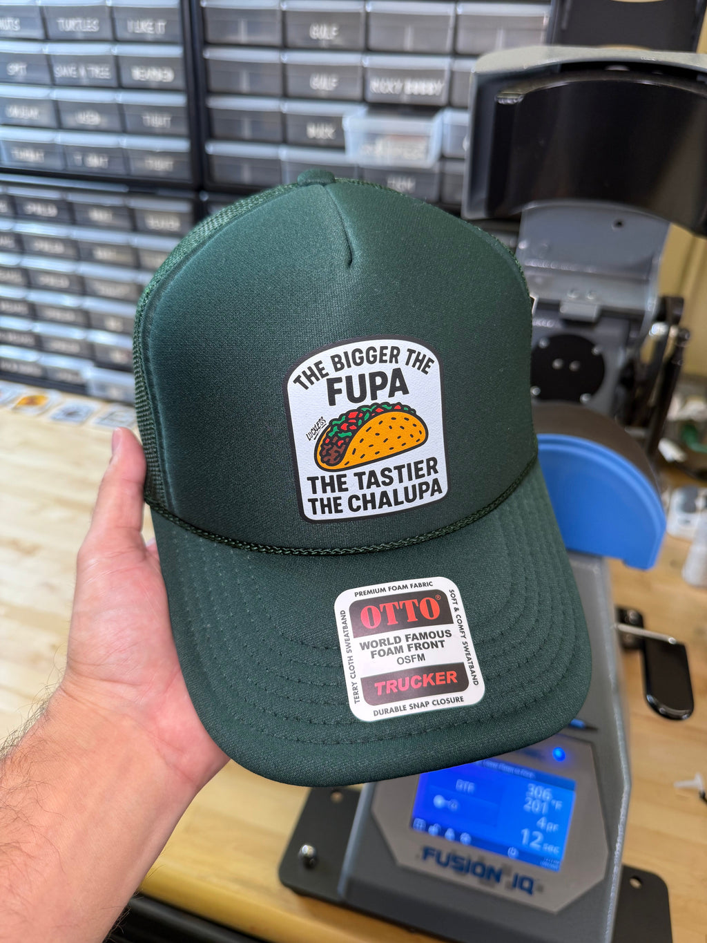 Luckless Outfitters Fupa Chalupa | Funny Taco Trucker Hat — detail close-up