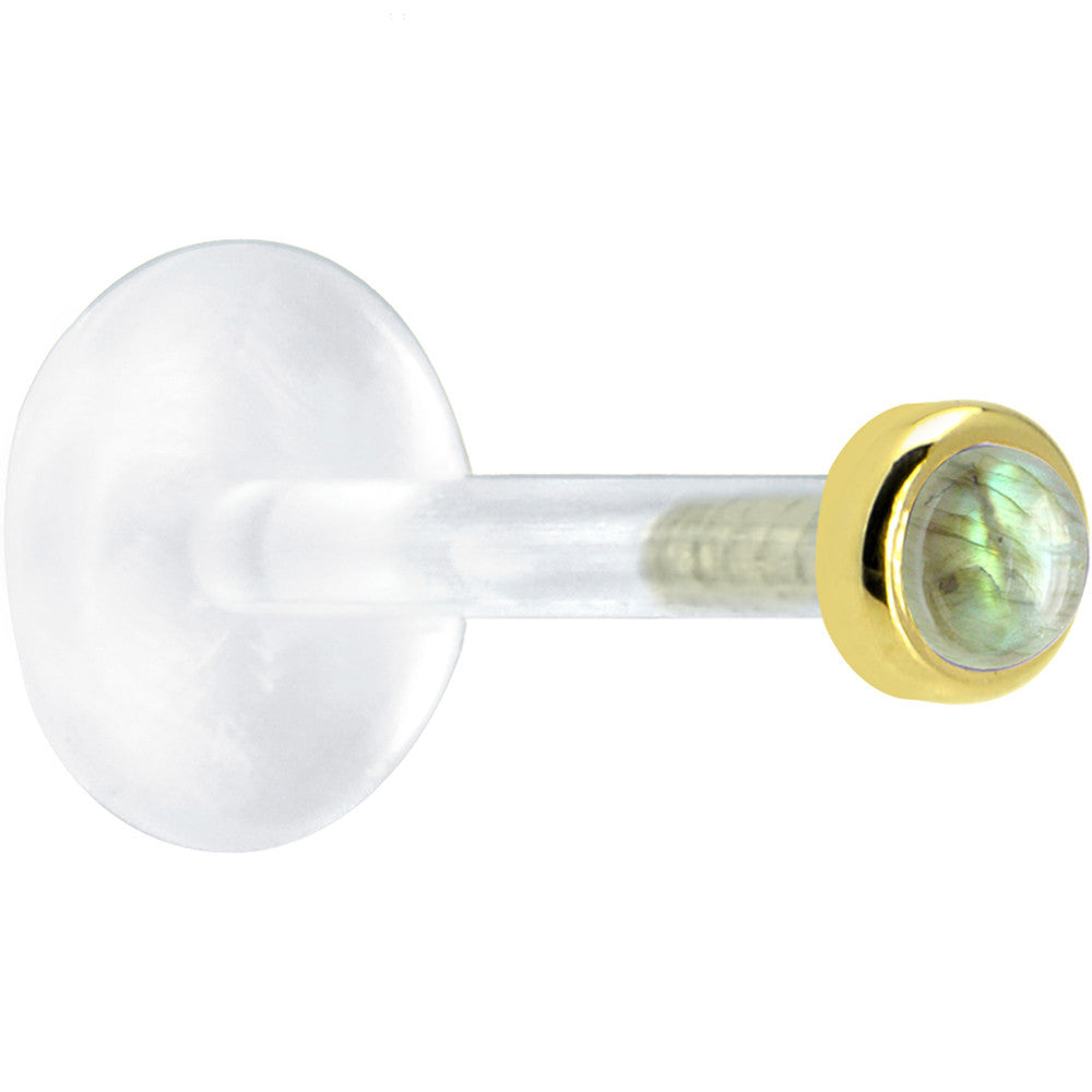 BodyCandy 16G 5/16 Solid 14K Yellow Gold 2mm Genuine Labradorite Bioplast Tragus Earring Stud — detail close-up