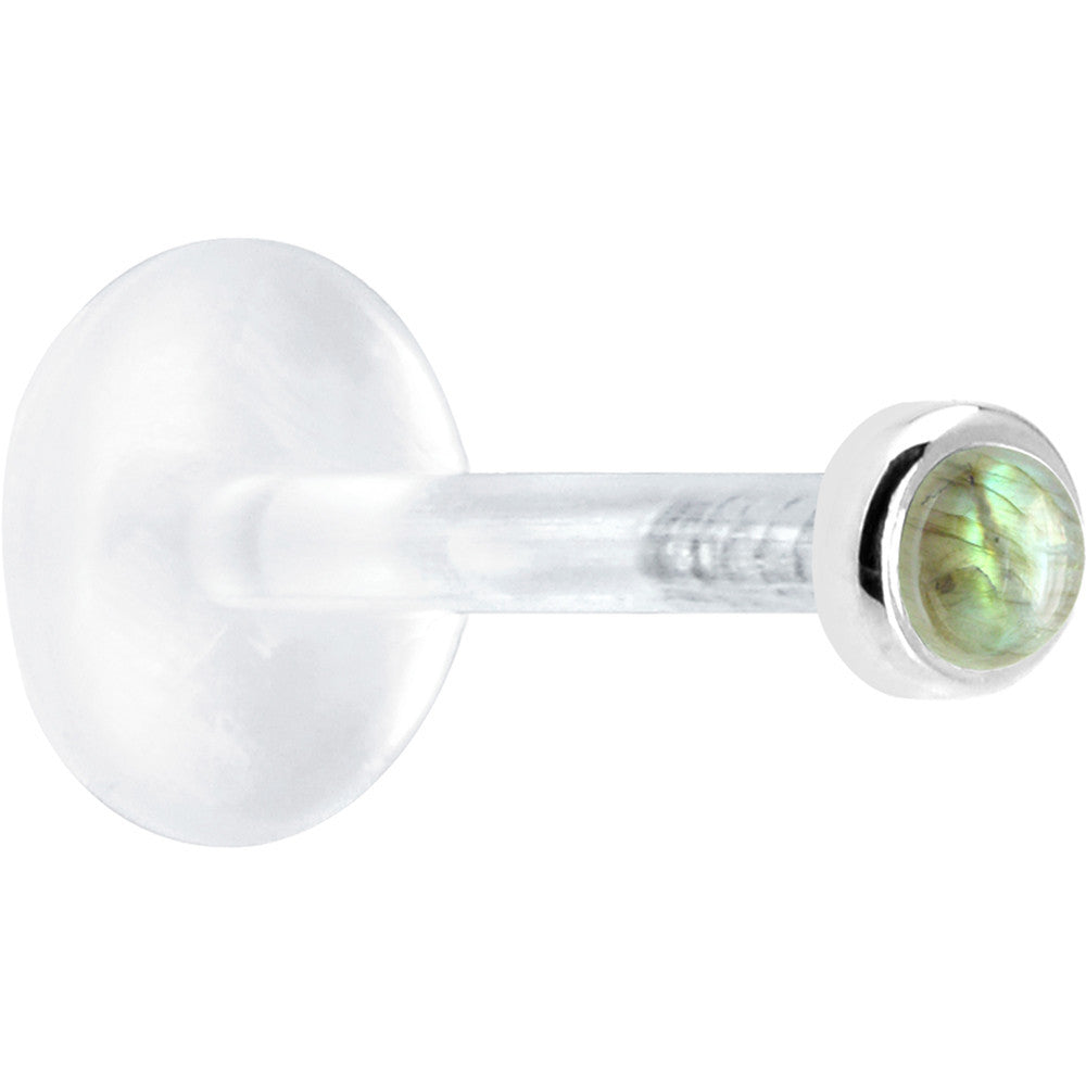 BodyCandy 16G 5/16 Solid 14K White Gold 2mm Genuine Labradorite Bioplast Tragus Earring Stud — detail close-up