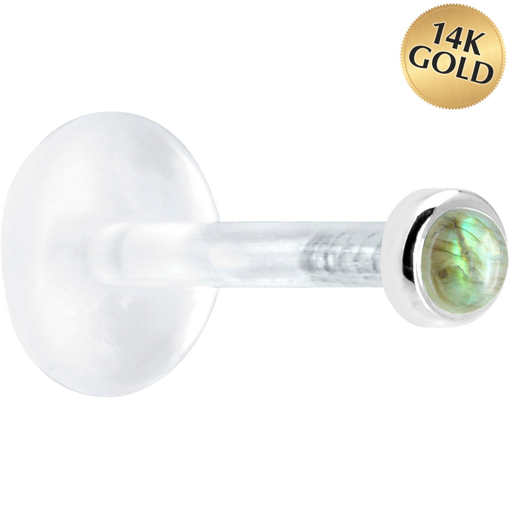 BodyCandy 16G 5/16 Solid 14K White Gold 2mm Genuine Labradorite Bioplast Tragus Earring Stud — main product shot