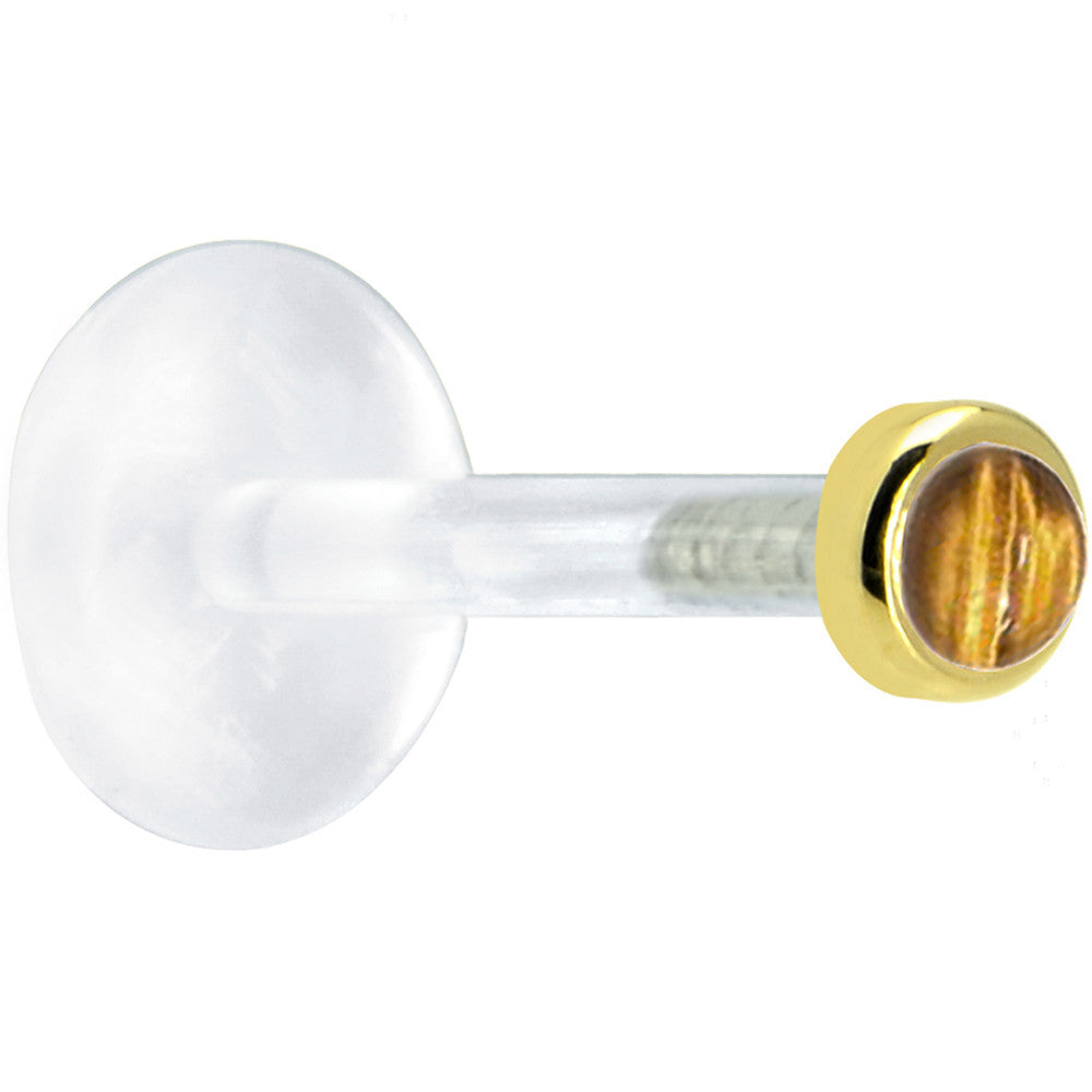 BodyCandy 16G 5/16 Solid 14K Yellow Gold 2mm Genuine Tiger Eye Bioplast Tragus Earring Stud — detail close-up