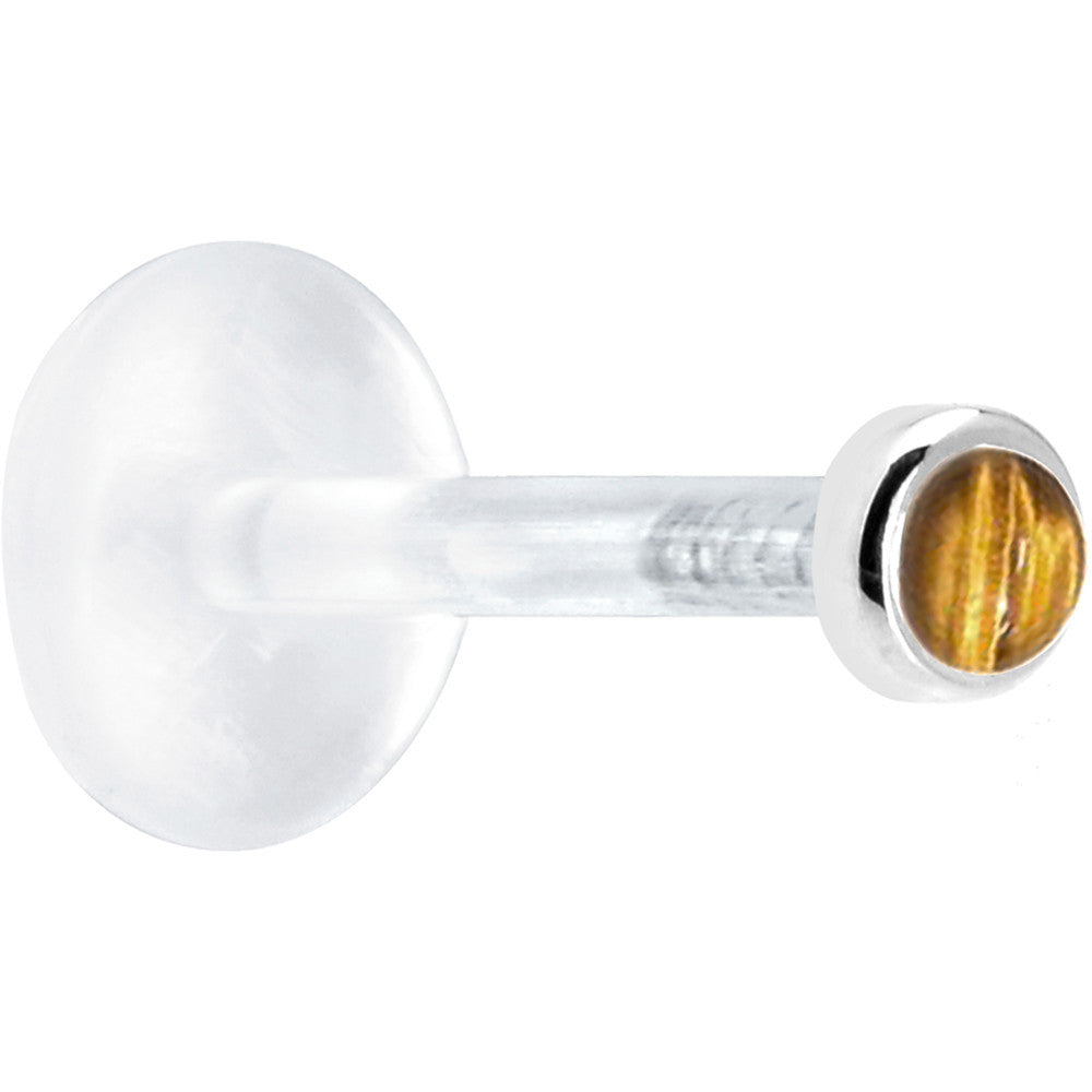 BodyCandy 16G 5/16 Solid 14K White Gold 2mm Genuine Tiger Eye Bioplast Tragus Earring Stud — detail close-up