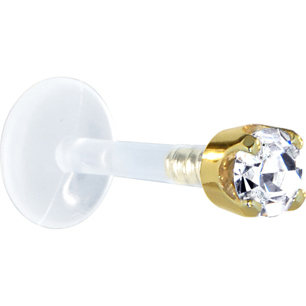 BodyCandy 16G 5/16 Solid 14K Yellow Gold 3mm Clear Cubic Zirconia Bioplast Tragus Earring Stud — detail close-up
