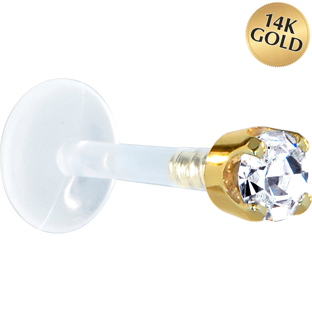 BodyCandy 16G 5/16 Solid 14K Yellow Gold 3mm Clear Cubic Zirconia Bioplast Tragus Earring Stud — main product shot