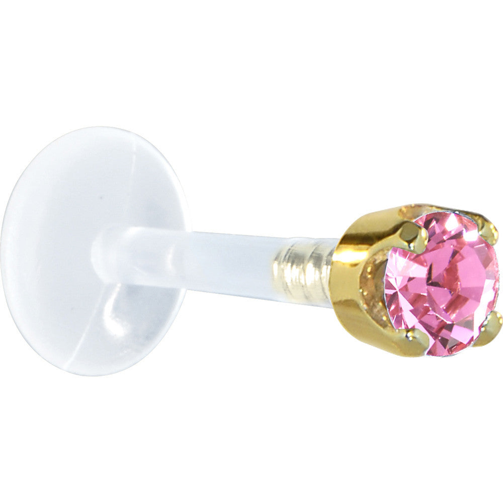 BodyCandy 16G 5/16 Solid 14K Yellow Gold 3mm Pink Cubic Zirconia Bioplast Tragus Earring Stud — detail close-up